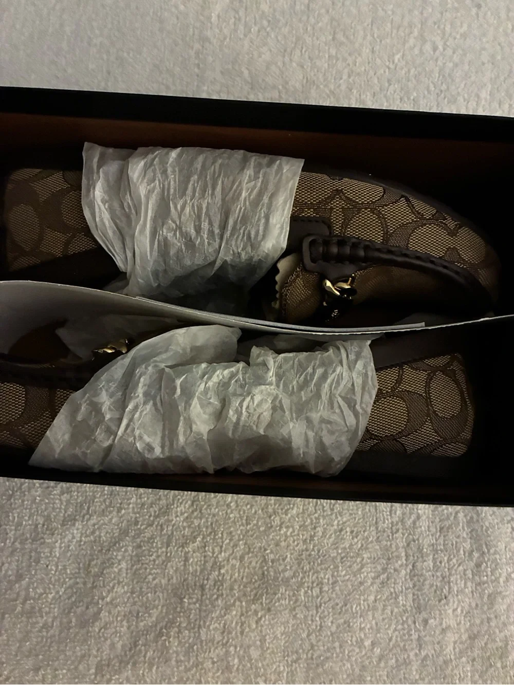 NIB Coach Brown Signature Canvas Loafers with Gold Accent slip-on, original box